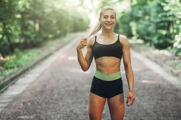Young Woman Running Beautiful Fit Girl Fitness Model Outdoors Weight — Stock Photo, Image