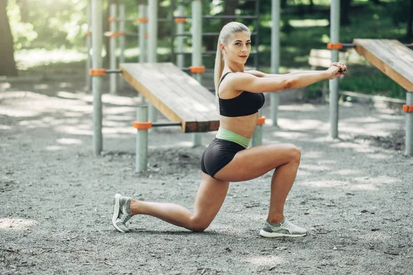 Fitness Woman Doing Training Workout Outdoor Summer Morning Park Concept — Stock Photo, Image