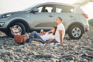 Mutlu Traveler çift üzerinde Suv araba batımına piknik