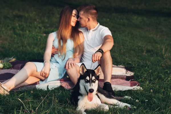 年轻夫妇有乐趣与他们的狗 Haski 在日落城外的性质 — 图库照片