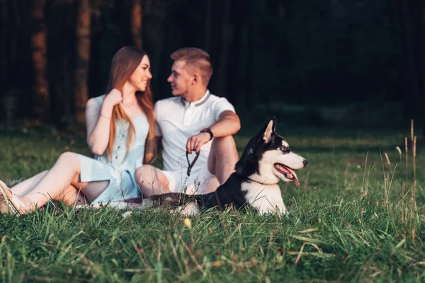 Genç Çift Onların Köpek Redaksiyon Ikinci Direktörü Haski Nin Niteliğine — Stok fotoğraf