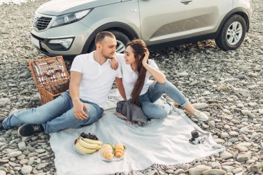 Mutlu Traveler çift üzerinde Suv araba batımına piknik