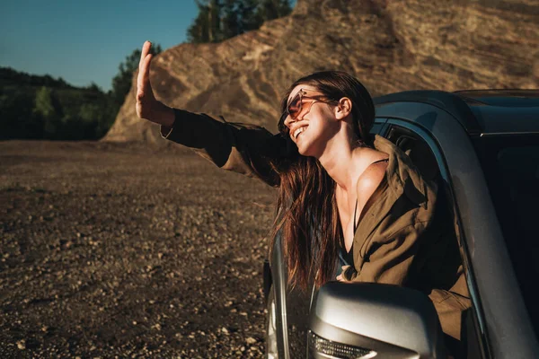 Young Traveler Woman on Road Trip, Girl Enjoying Journey on Her Car