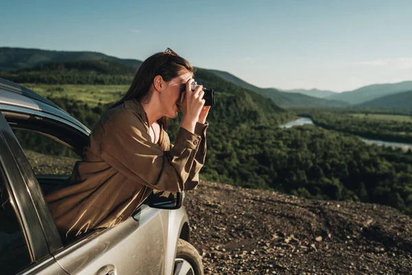 Young Traveler Woman Road Trip Girl Enjoying Journey Her Car — 스톡 사진