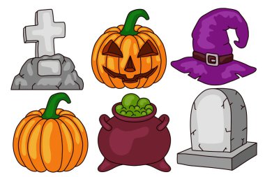 Cadılar Bayramı seti. Korkunç balkabağı, kazan ve cadı şapkası, mezar taşı. Beyaz arka planda izole edilmiş. Tasarım öğesi.