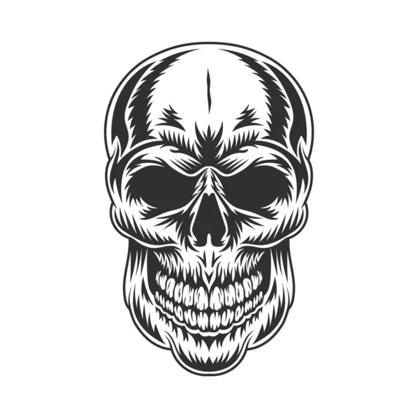 İnsan kafatası. Vintage modern tek renkli siyah element. Beyaz arka plan yalıtılmış tasarım öğesi.