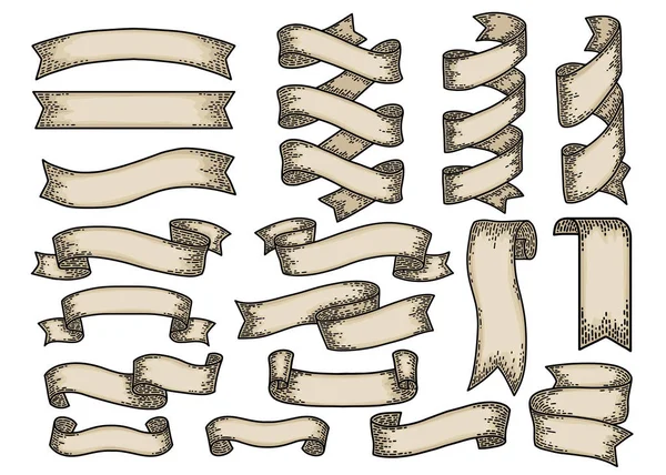 Zestaw wstążek odizolowanych na białym tle. Stary styl Vintage rysunek ręcznie wygrawerowany. Element projektowy. — Wektor stockowy