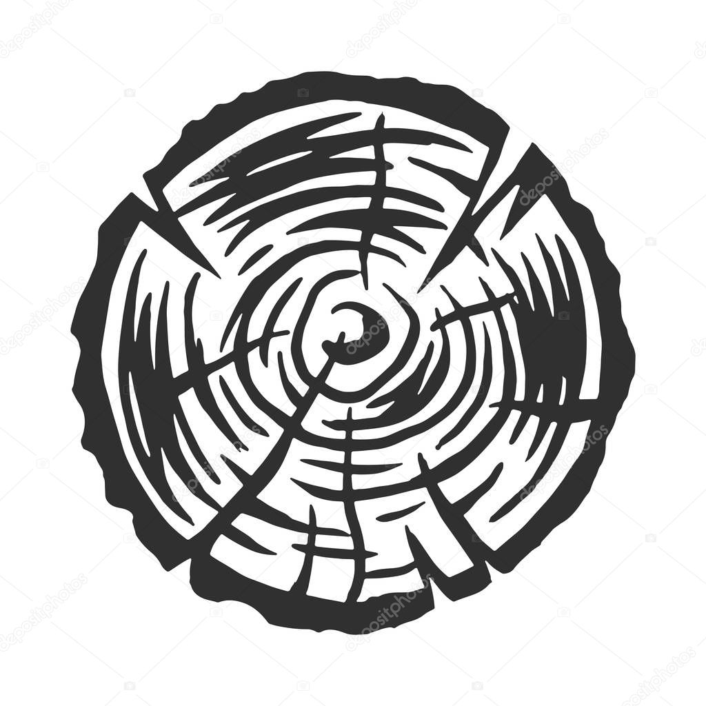 Vintage modern monochrome black wooden log. Design element on white background isolated. Vector illustration.