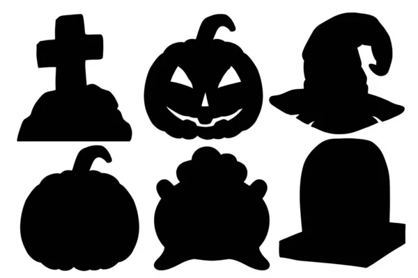 Ensemble de silhouette Halloween. Citrouille effrayant, chaudron et chapeau de sorcière, pierre tombale. Isolé sur fond blanc. Élément de conception . — Image vectorielle