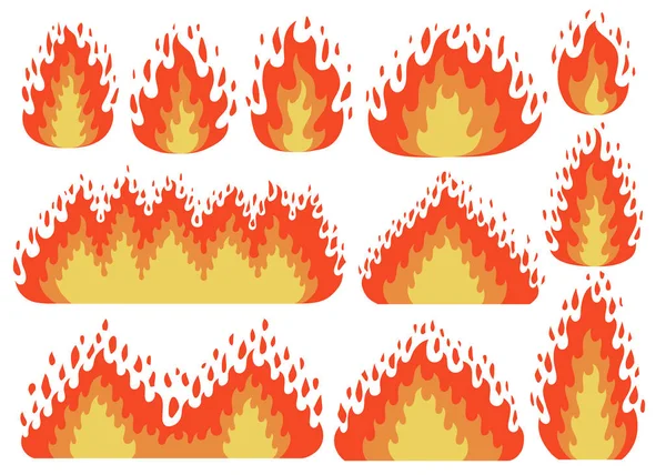 Set van Fire Flame icon in Cartoon en platte stijl. Geïsoleerd object in verschillende vormen. — Stockvector
