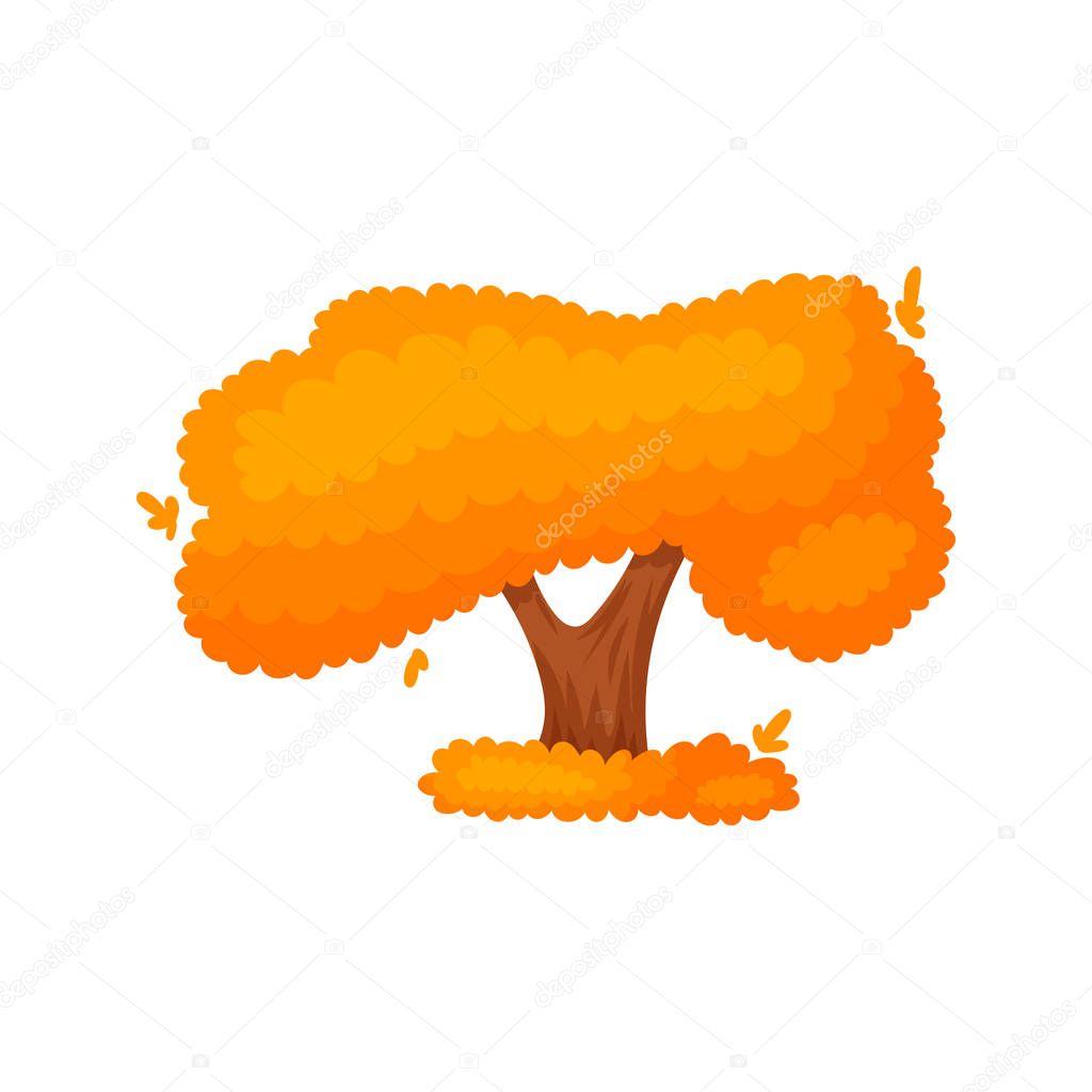 Colorful autumn yellow-orange tree bush. Beautiful design elements of a garden, park, nature, forest, landscape. Cartoon flat silhouette. Vector illustration.