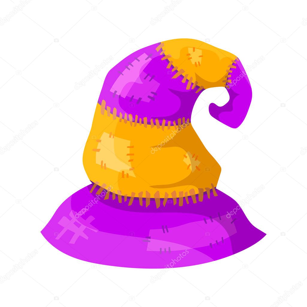 Violet-yellow headdresses of wizards, magicians, witches of different colors and shapes. Isolated object. Vector illustration.