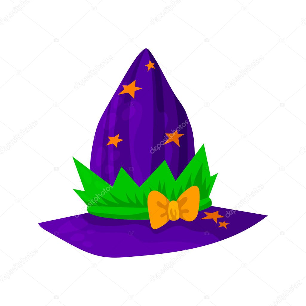 Violet headdresses of wizards, magicians, witches of different colors and shapes. Isolated object. Vector illustration.
