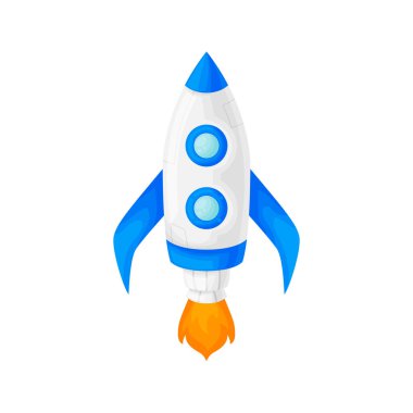 Bir porthole ile mavi bir uzay roketi fırlatma. Karikatür ve düz tarzı. Vektör illüstrasyon izole.