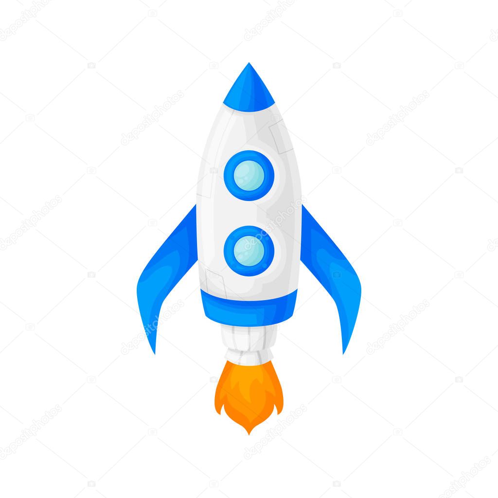 Launch of a blue space rocket with a porthole. Cartoon and flat style. Vector illustration isolated.