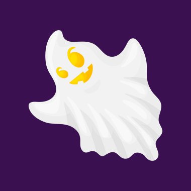 Hayalet karakterler. Ürpertici beyaz bir ruh korkunç ve tatlı bir yüz ile uçar. Karikatür ve düz tarzı. Beyaz arka planda vektör çizimi.