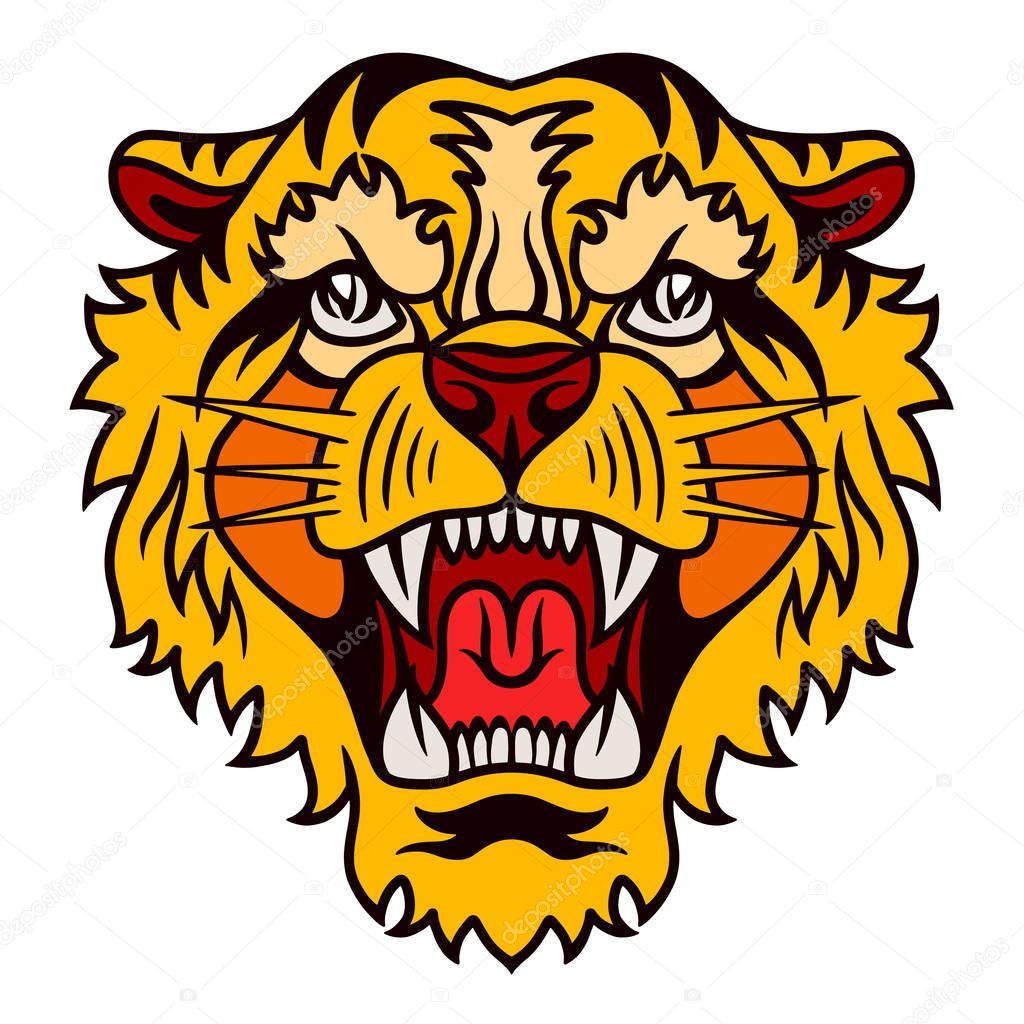 Tiger old school hand drawn retro style. Design element for poster, card, banner. Vector illustration.