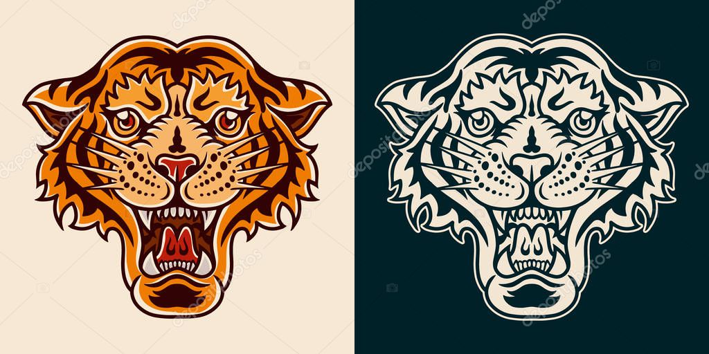 Tiger old school hand drawn retro style. Design element for poster, card, banner. Vector illustration.