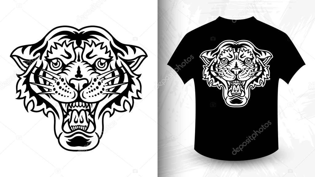 Tiger head. Design idea for t-shirt print in vintage monochrome style. Design element for poster, card, banner. Vector illustration.