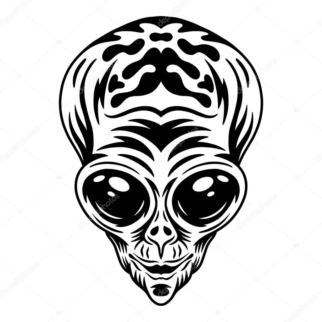 Alien face. Design idea for t-shirt print in vintage monochrome style. Design element for poster, card, banner. Vector illustration.