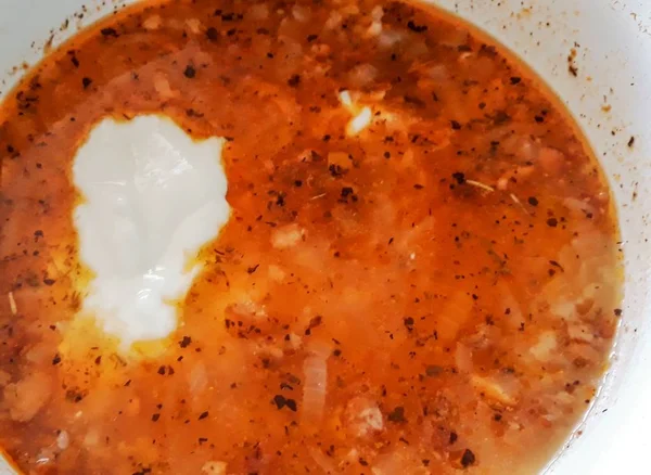 Soupe Tomates Dans Bol Brun Pique Nique Vue Dessus — Photo