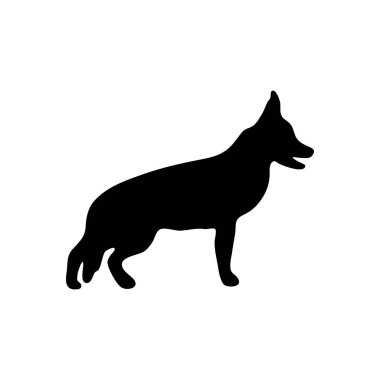 Köpek beyaz arka planda siyah silüeti. Vektör çizim. Şablonu. Evde beslenen hayvan simgesi.