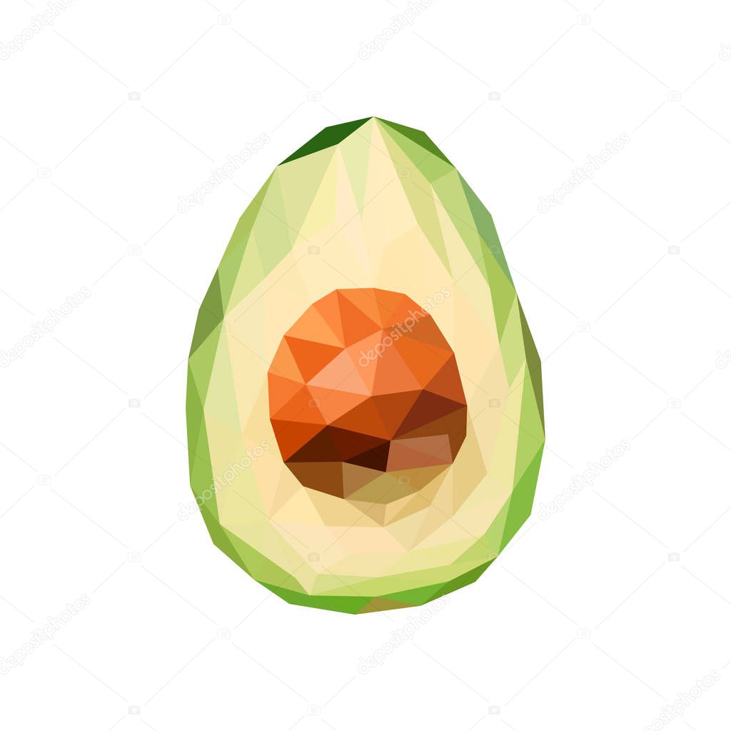 Low poly avocado. Polygonal illustration. Vector isolated on white background. Geometric polygonal fruit, triangles. Triangle avocado. Triangulation of a ripe avocado.