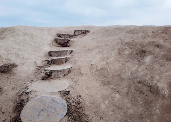 Wooden steps in nature. Ukraine, Zaporozhye, island Khortica.