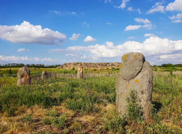 Manzara arkeolojik rezerv taş mezar ya da Rocky Höyük kama Mohyla ya da Melitopo yakınındaki taş mezar. Ukrayna. İskit bir savaşçı heykeli. İskit antropomorfik taş heykel. Bozkır heykeli