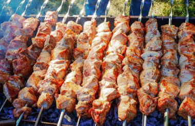 Izgara domuz eti biftek. Adam bir ürün yelpazesine et ve kebap üzerinde taşınabilir Barbekü Izgara.