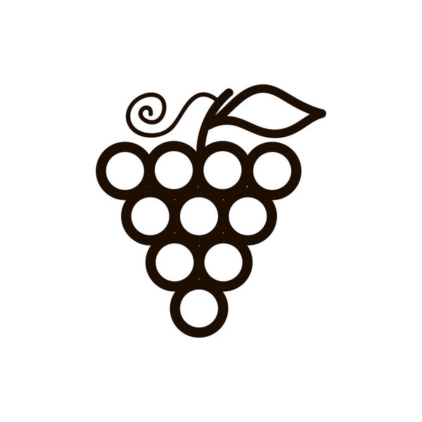 Grape icon. Food product. Silhouette. Autumn symbol. Bunch of grapes with leaf. Flat icon.