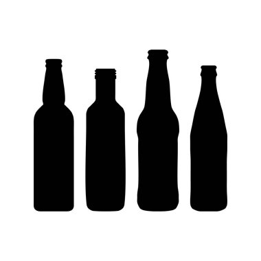 Farklı cam bira şişeleri, su, yağ oliv siluetleri. Şişe siluetlerini farklı şekillerde ayarlayın.