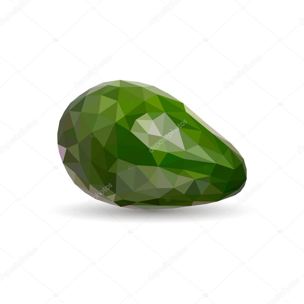 Low poly avocado. Polygonal illustration. Vector isolated on white background. Geometric polygonal fruit, triangles. Triangle avocado. Triangulation of a ripe avocado.