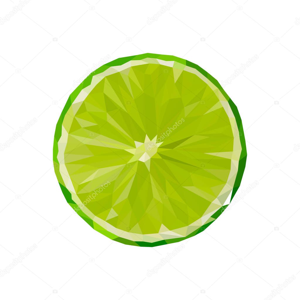 Realistic lime in the style of low poly graphics. Polygonal lime isolated on white background. Polygonal lime slice. Low poly. Vector illustration. Geometric background with triangular polygons 