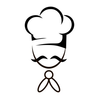 Şapka şefi. Anahat mutfak simgesi. Siyah tabela. Kaptan Şef. Beyaz arka planda Restoran logosu.