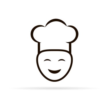 Aşçılık ta. Anahat logosu. Mutfak simgesi. Siyah işaret. Şapka şefi. Gülümseme.