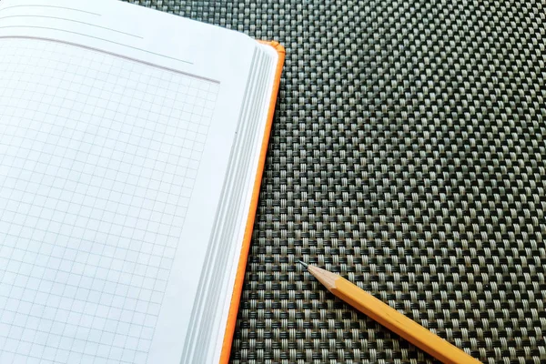 Cuaderno Abierto Mesa Gris Con Lápiz Fondo Para Texto — Foto de Stock