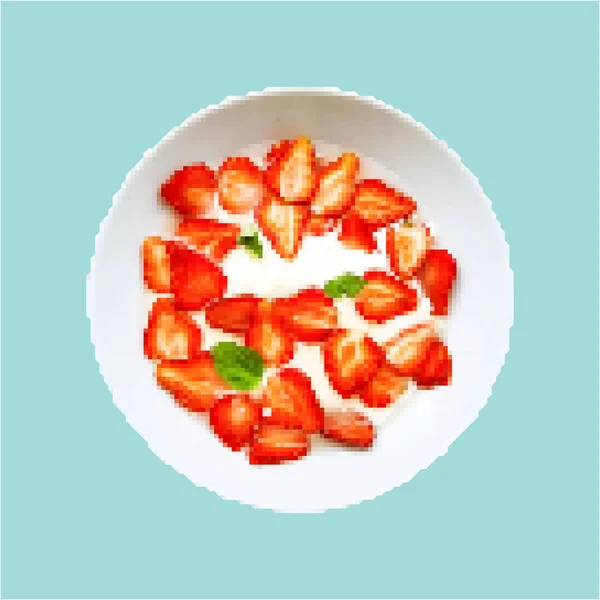 Fragole Con Yogurt Piatto Pixel Vector Illustration — Vettoriale Stock