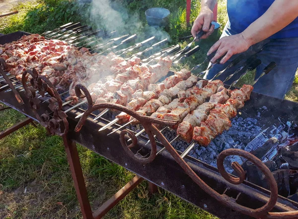 Pork steaks on the grill. Man grilling an assortment of meat and kebabs on a portable barbecue.