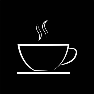 Siyah arka planda beyaz kahve veya çay bardağı simgesi. Satır şablonu. Sıcak içecek işareti. İçecek sembolü. Tasarım öğeleri. Vektör çizimi.