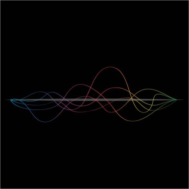 Ses dalgası. Ses simgesi. Siyah arka planda renkli müzik ses dalgaları. Ses, müzik nabzı. Vektör çizimi.