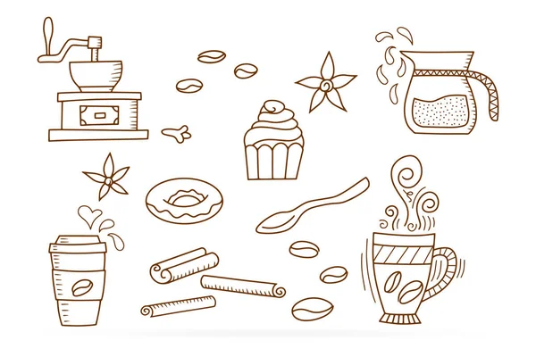 Doodle Kahve Seti Simgesi Izole Edildi Kahve Fincanı Çizim Sanatı — Stok Vektör