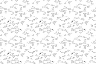 Karabatak balığı desenli. Deniz ürünleri geçmişi. El çizimi çizimi. Sayfa boyama kitabı. Vektör hisse senedi çizimi. EPS 10