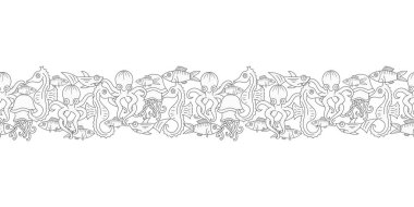 Su altı hayvanlarının sınırlarını belirleyin. Ahtapot, köpekbalığı, denizanası, balık, sudaki deniz atı. El çizimi çizimi çizimi. Sayfa boyama kitabı. Deniz yaşamının ana hatları. Vektör hisse senedi çizimi. EPS 10