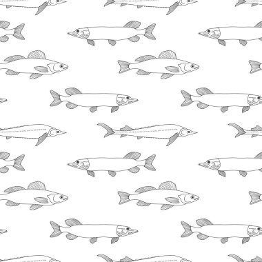 Karabatak balığı desenli. Deniz ürünleri geçmişi. El çizimi çizimi. Sayfa boyama kitabı. Vektör hisse senedi çizimi. EPS 10