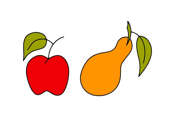 Doodle Birne Und Apfel Mit Blatt Isoliert Auf Weiß Umriss — Stockvektor