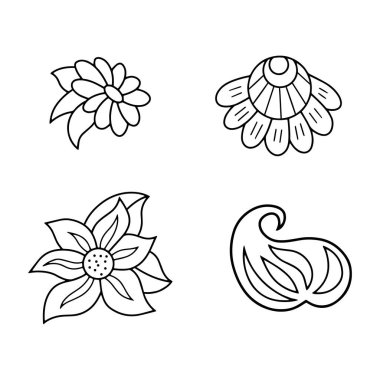 Karalamalı çiçek ve yaprak beyaza saçılmış. Kart için el çizimi yapın. Kumaş dizayn et. Taslak vektör stok çizimi. EPS 10