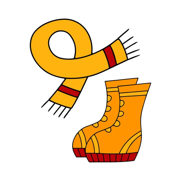 Doodle Automne Hiver Écharpe Bottes Icône Isolée Sur Blanc Enfants — Image vectorielle