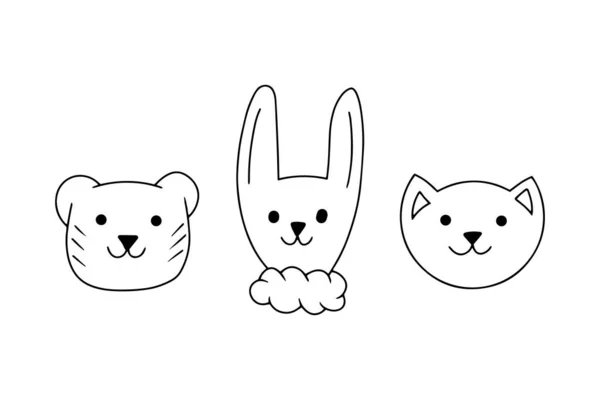 Doodle Linear Rabbit Cat Bear Isolated White Hand Drawing Line — Stock Vector