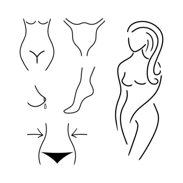Doodle Womens Kropp Satt Isolerad Vitt Handritning Linje Konst Skiss — Stock vektor